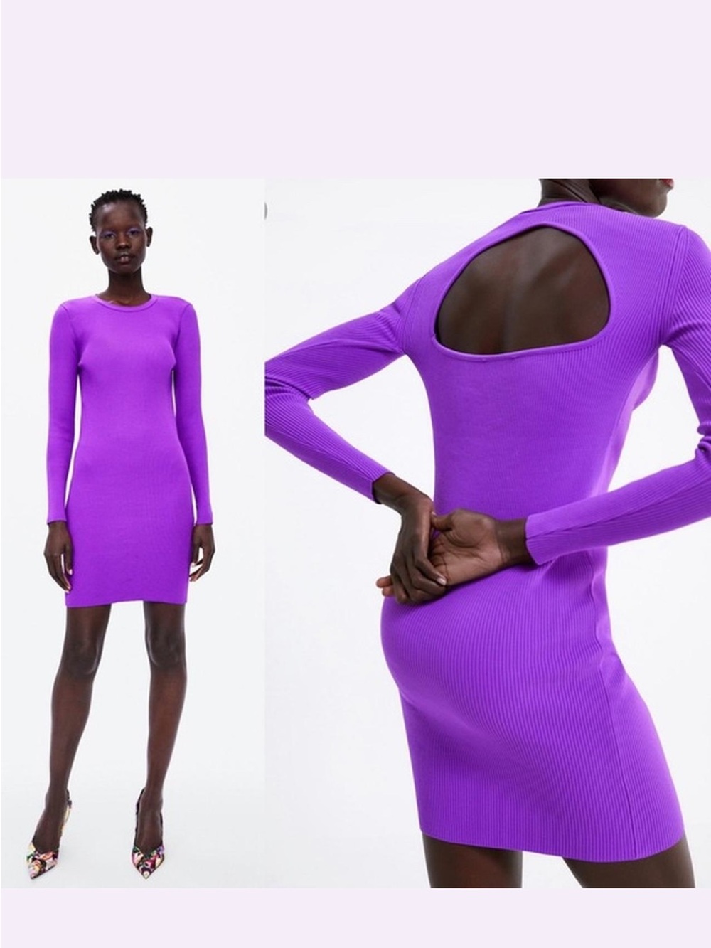 Zara Vibrant Purple Ribbed Long-Sleeve Bodycon Dress